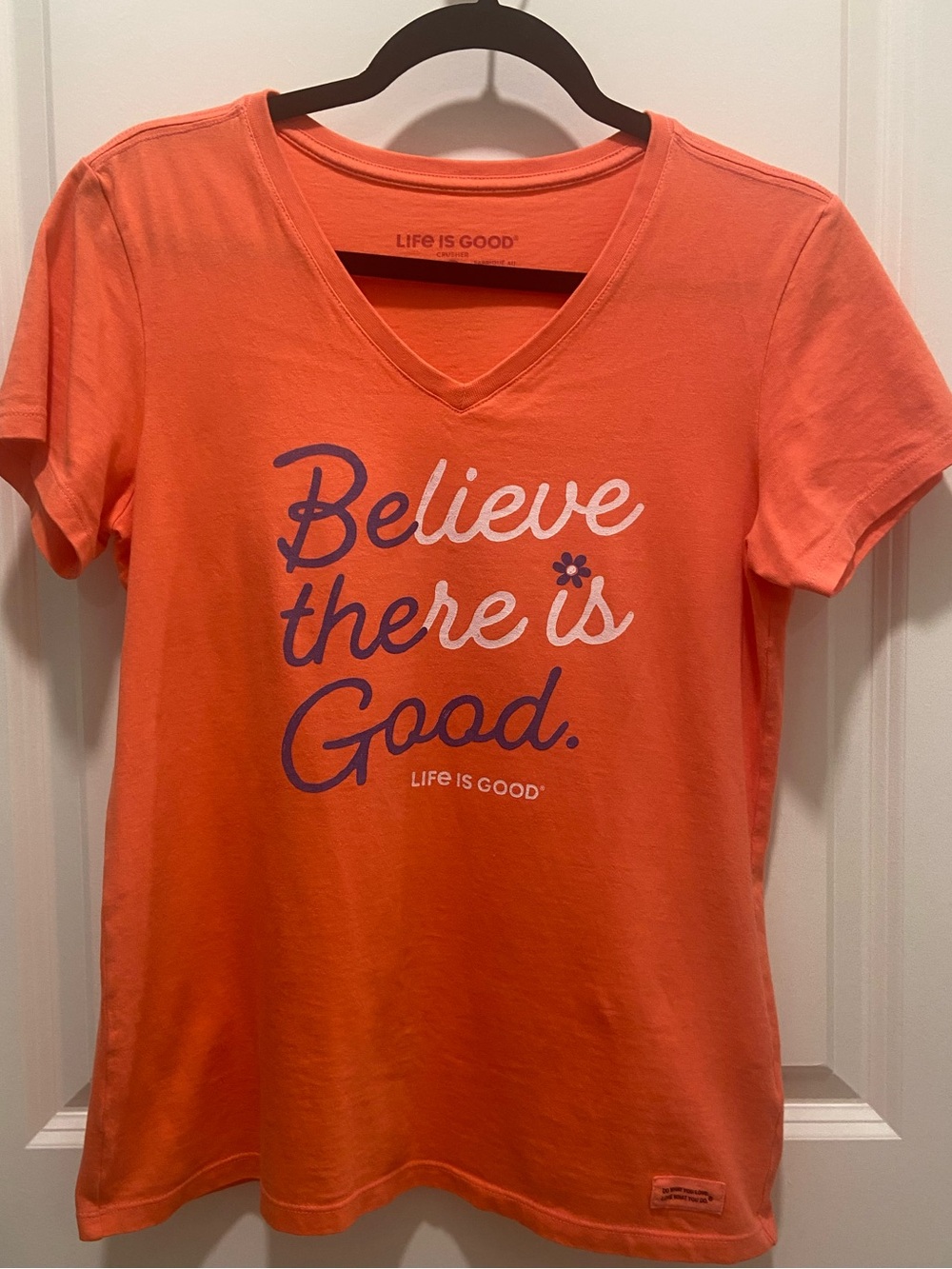 Life Is Good Women’s V-Neck Tee - Coral Orange "Believe There Is Good"
